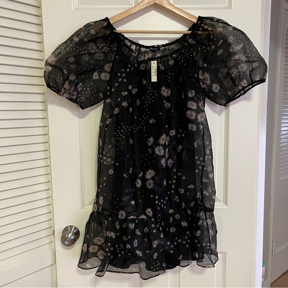 Madewell Silk Organza Puff-Sleeve Ruffle-Hem Mini Dress in Polka Daisies